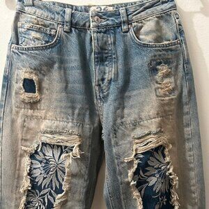 We The Free Free People Desert Rose Embroidery Patchwork Distress Jeans New